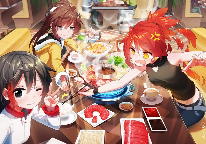 Anime girls eating hot pot at a restaurant