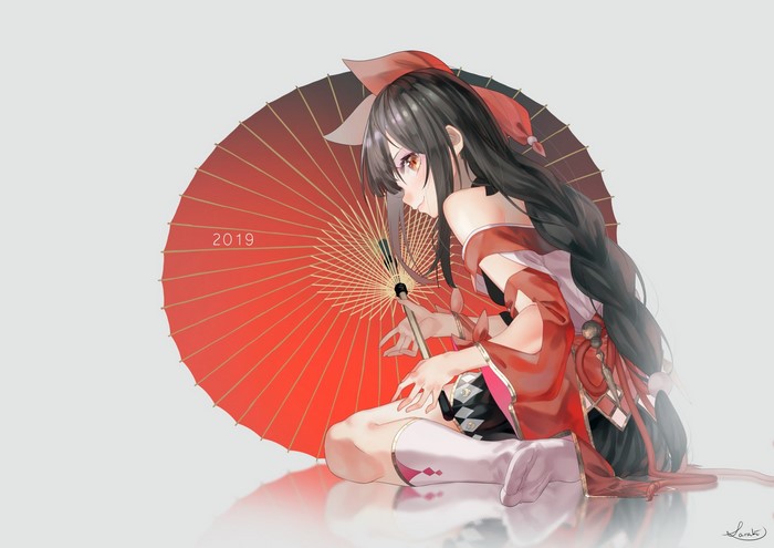 Anime girl with umbrella in red kimono