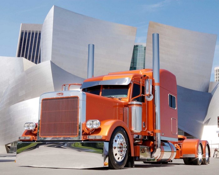 Orange Peterbilt truck in front of Walt Disney Concert Hall