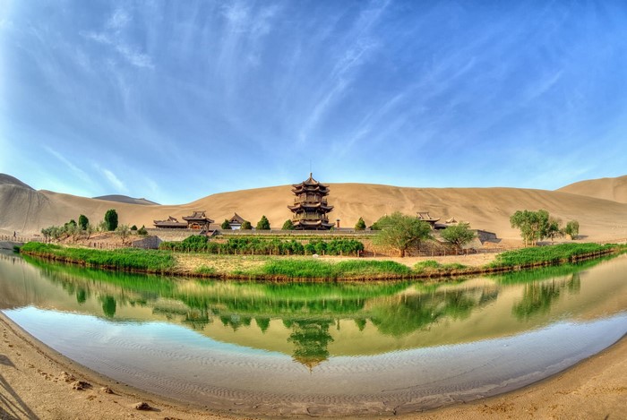 Crescent Lake and Desert Pagoda in Dunhuang, China