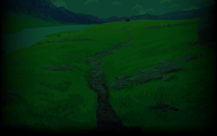 Pixel art landscape with a stone path and mountains