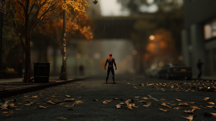 Spider-Man in the rain with autumn leaves