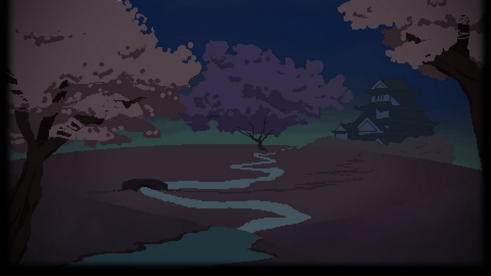 Pixel art landscape with cherry blossom trees and a castle