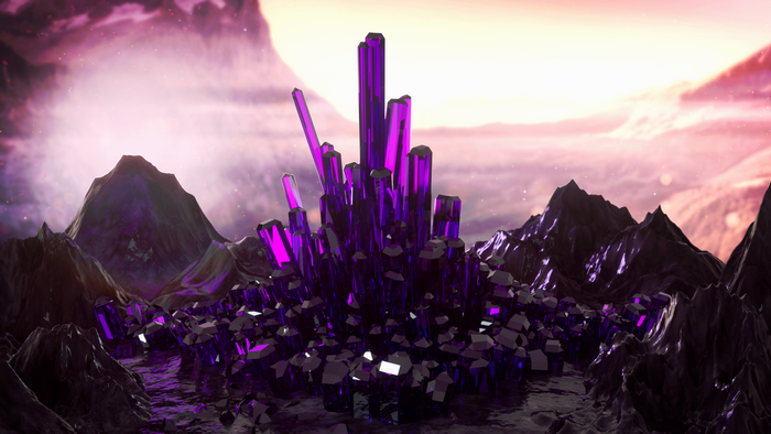 Purple crystals on a rocky alien landscape with pink sky
