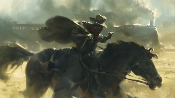 Outlaw on horseback robbing a train