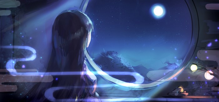 Anime girl looking at the moonlit night sky