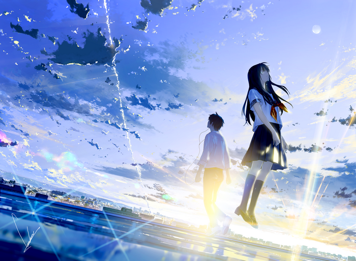 Anime couple looking at the sky during sunrise