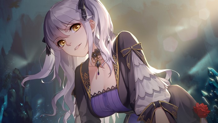 Anime girl with silver hair and yellow eyes in a dress