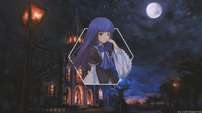 Anime girl with purple hair in a black and white dress
