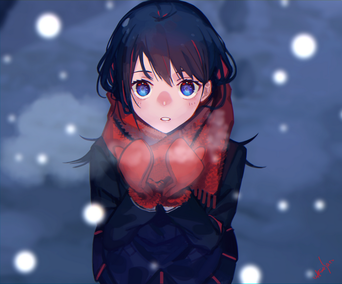 Anime girl with blue eyes wearing a red scarf and gloves in the snow