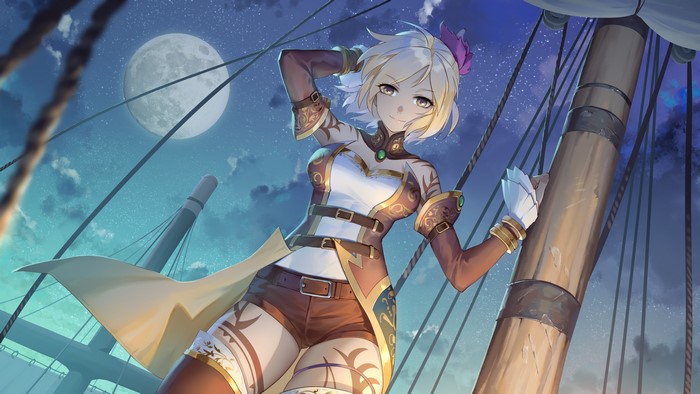Anime girl on a ship at night