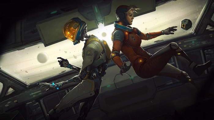 Artwork of a robot and a woman in space