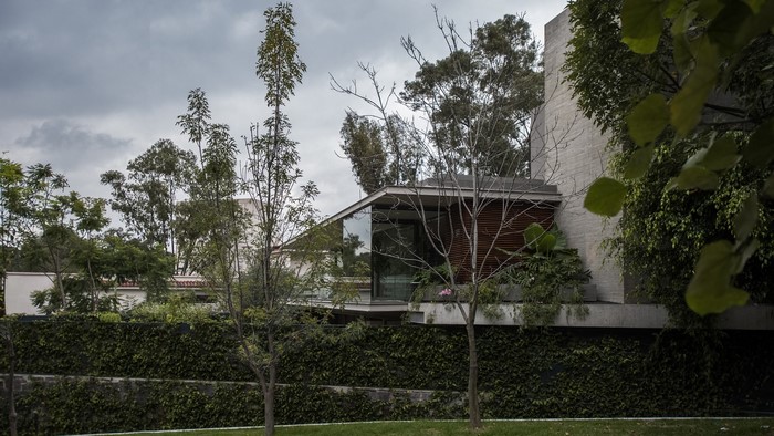 Modern house with glass and concrete architecture surrounded by trees
