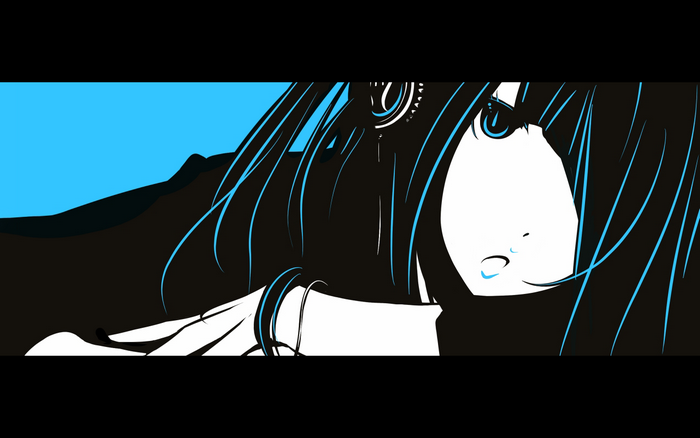 Anime girl with long black hair and blue accents