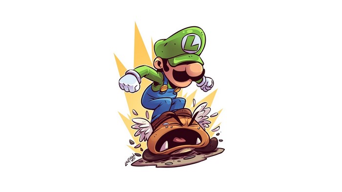 Luigi from Super Mario Bros. stomping on a Goomba