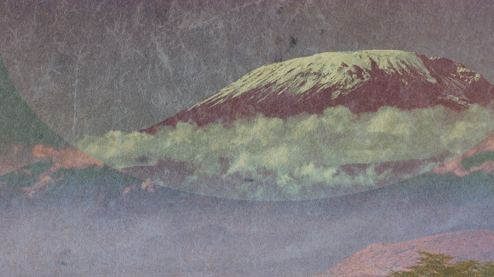 Artwork of a snow-capped mountain range with clouds