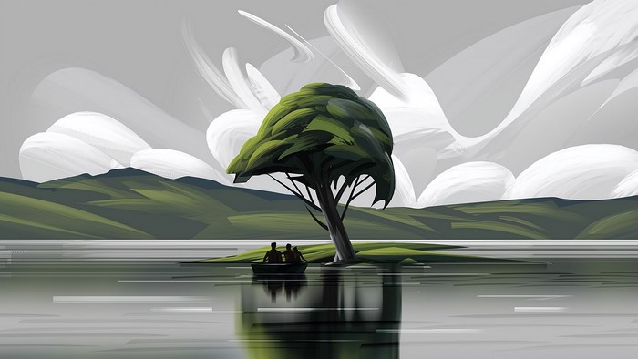 Painting of a boat with people under a tree on a lake