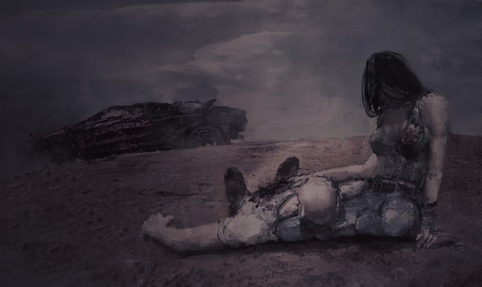 Artwork of a woman and a man near a wrecked car