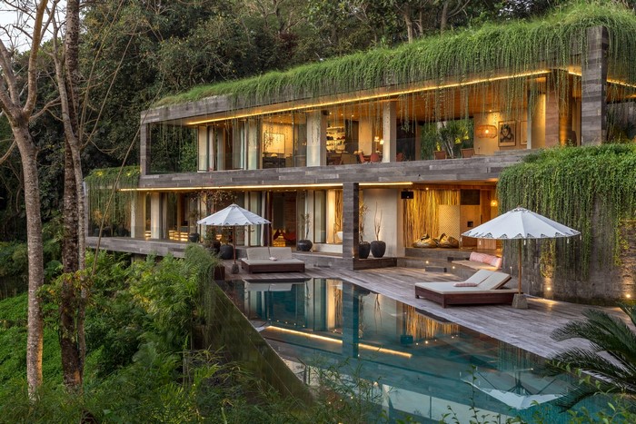 Modern house with swimming pool and lush greenery