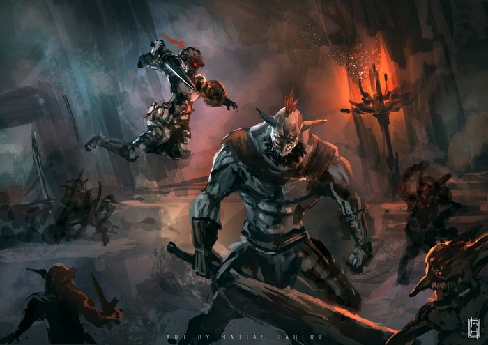 Goblin Slayer fighting goblins in a dark cave