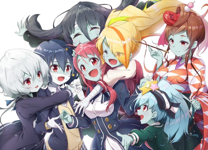 Zombieland Saga characters Sakura Minamoto, Yugiri, Saki Nikaidou, Junko Konno, Lily Hoshikawa, Ai Mizuno, and Tae Yamada