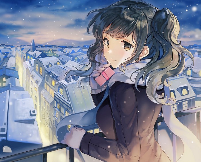 Anime girl with present in snowy city