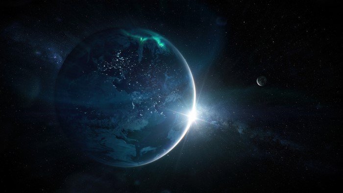 Planet Earth with Aurora Borealis and Moon in Space