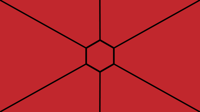 Red background with black geometric hexagon pattern