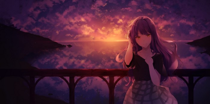 Anime girl on a balcony overlooking the sea at sunset
