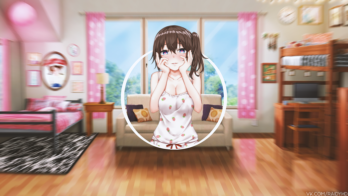 Anime girl in strawberry pajamas in a room