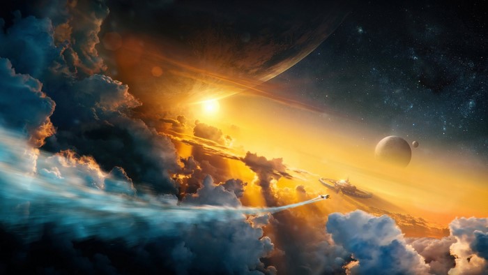 Sci-fi scene with planets, clouds, and spaceship