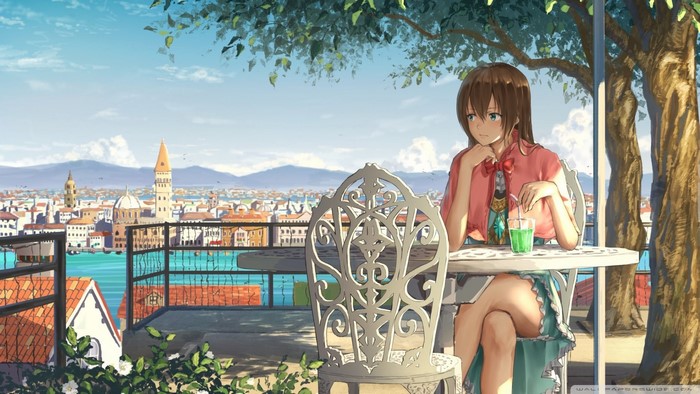 Anime girl at a cafe overlooking a city