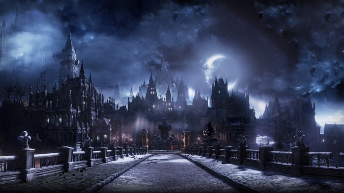 Dark Souls III cityscape at night with moon