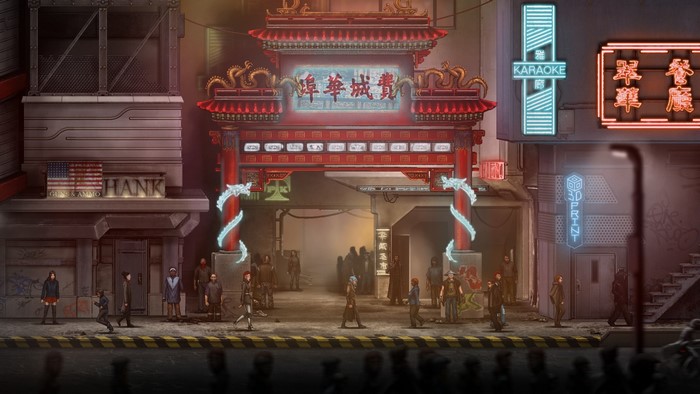 Cyberpunk Chinatown street with people and neon signs
