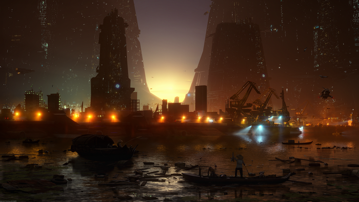 Futuristic cityscape with cranes and boats at sunset