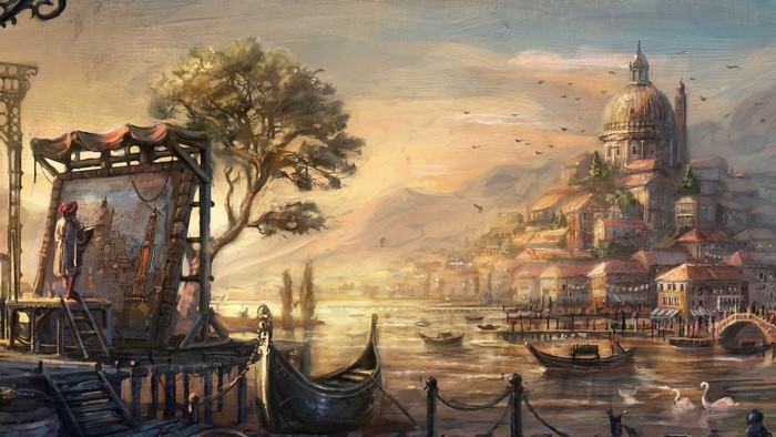Artist painting a Venetian cityscape with a cathedral