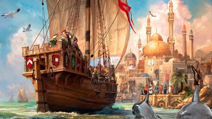 Sailing ship arriving at a port city in Anno 1404