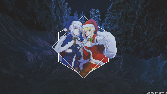 Anime girls in Christmas outfits in a forest