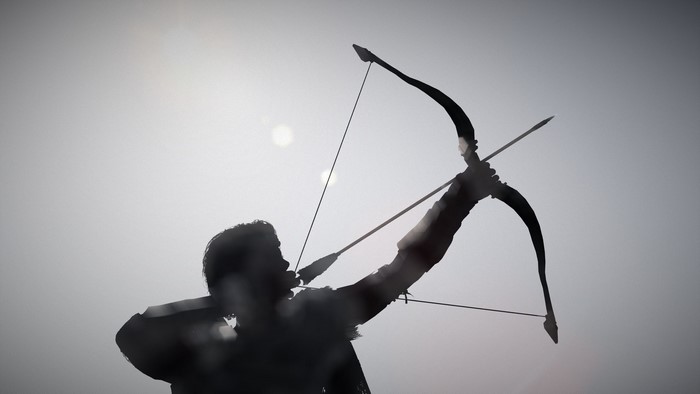 Assassin's Creed Odyssey: Archer aiming bow and arrow