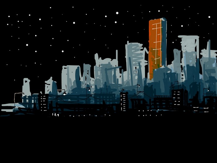 Dark city skyline at night with stars