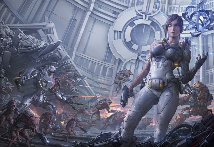 Woman in futuristic armor in battle with cyborgs and creatures