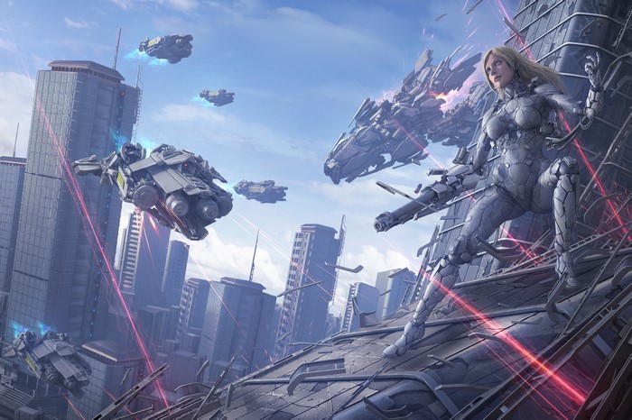 Woman in futuristic armor in a battle with spaceships