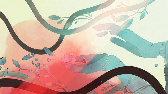 Gris video game art with hands and plants