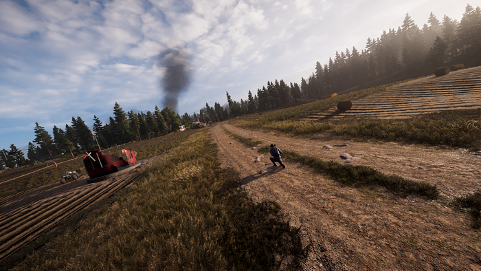 Video game scene with smoke and a person on a dirt road