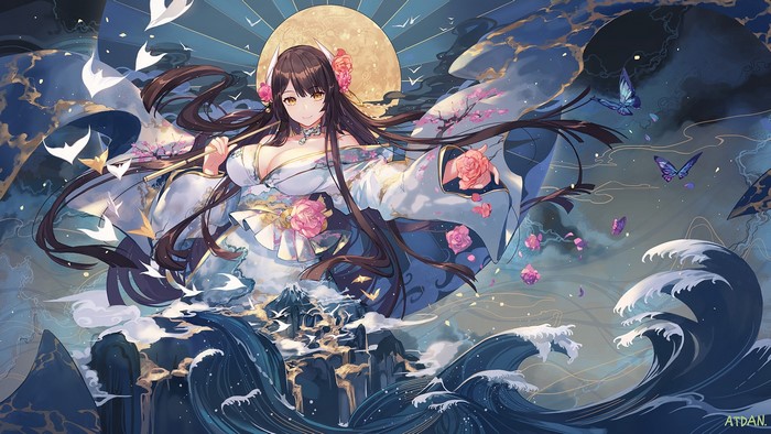 Hiei from Azur Lane with Cherry Blossoms and Waves