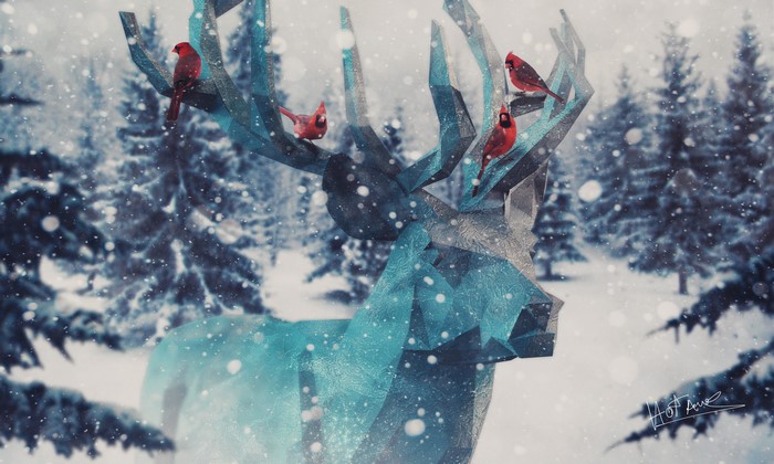 Polygon art deer with cardinals in snowy forest