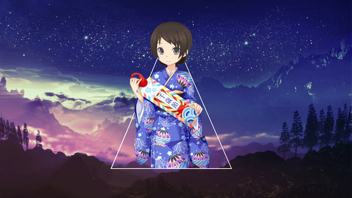 Anime girl in kimono holding a scroll against a starry mountain background
