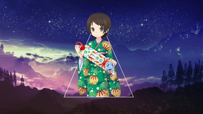 Anime girl in kimono holding a scroll against a starry mountain background