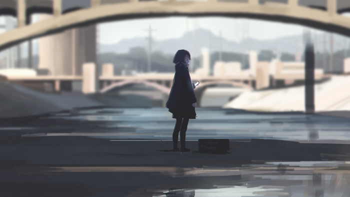 Anime girl with cellphone by a bridge and river