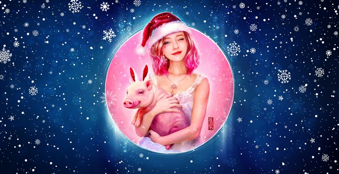 Woman in Santa hat holding a piglet with snowflakes